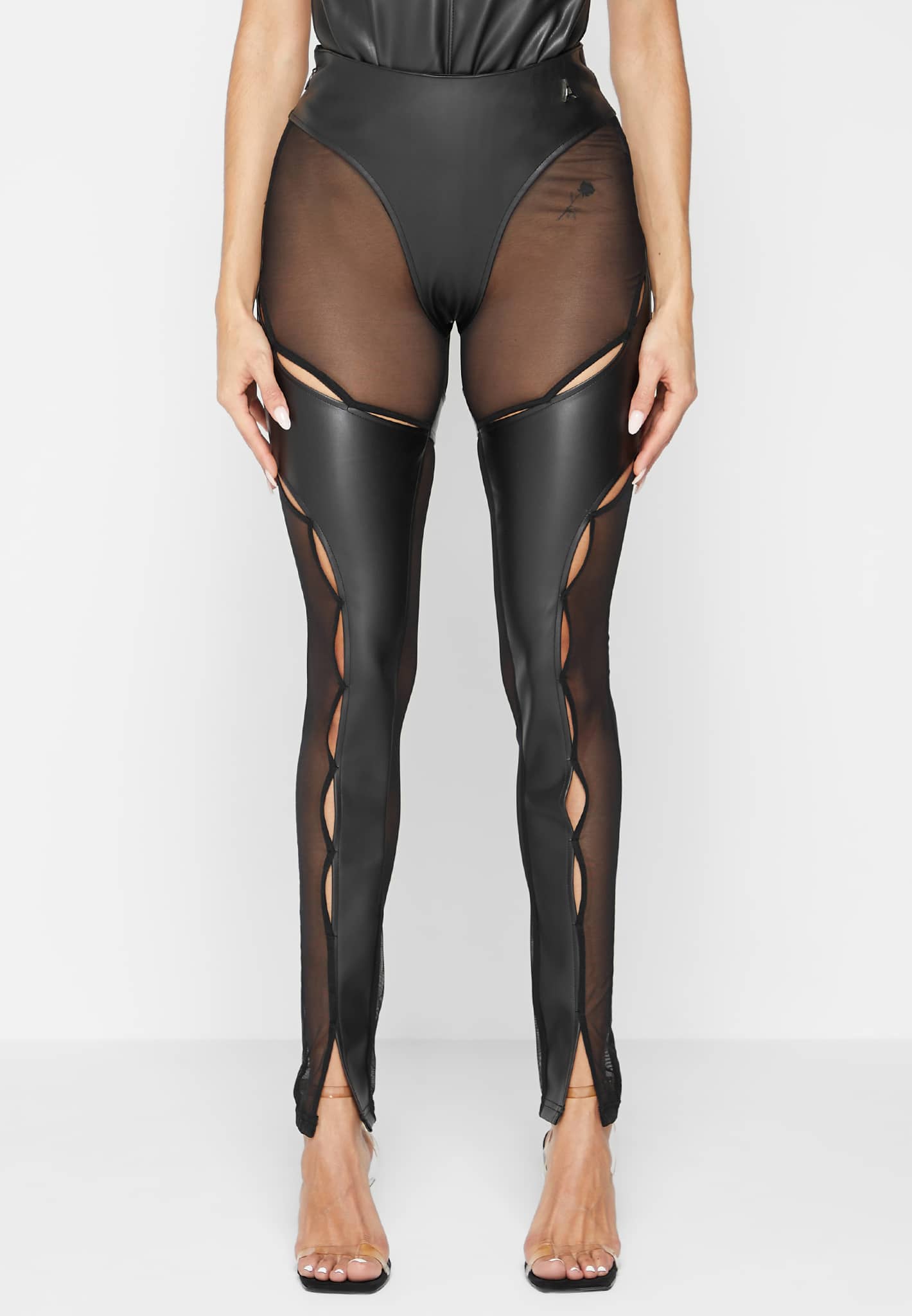 Vegan Leather and Mesh Cut Out Leggings Black Mani re De Voir