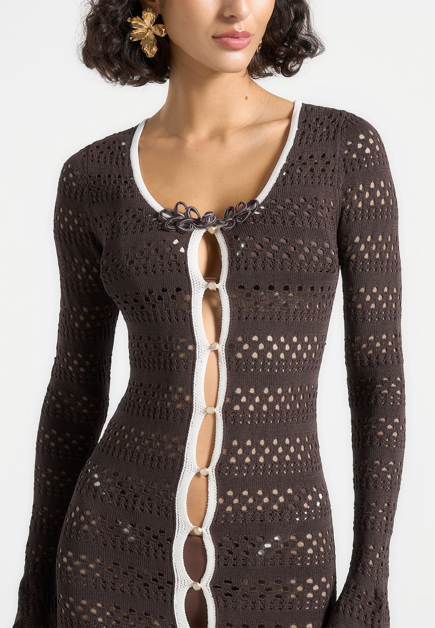 Aria - Pointelle Knit Cover Up - Brown/Cream