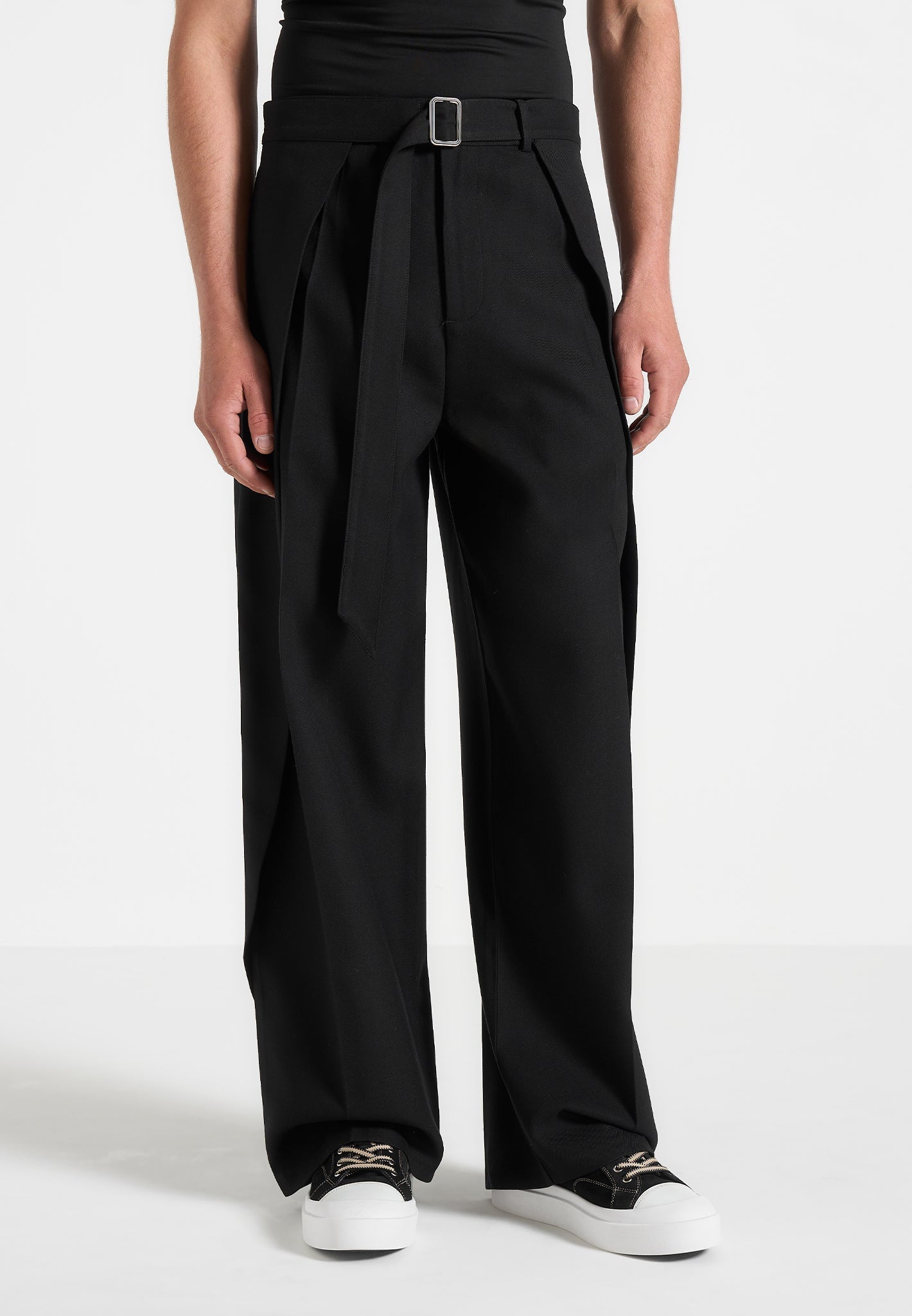 Charles - Wide Fit Wrap Leg Tailored Pants - Black