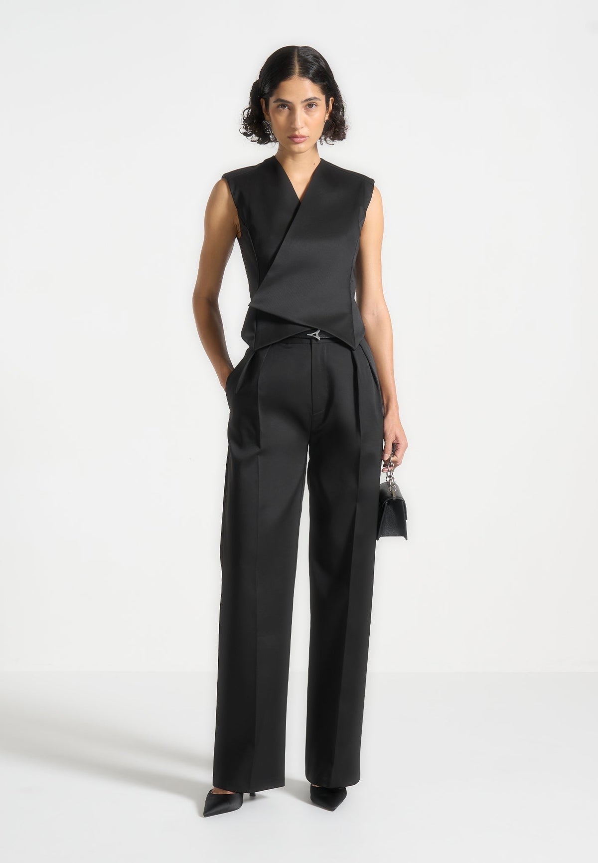 Julie - Sateen Tailored Twin Pleat Pants - Black