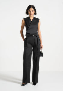 Julie - Sateen Tailored Twin Pleat Pants - Black