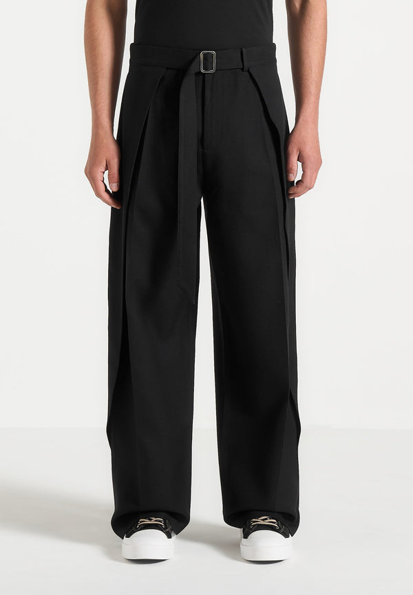 Charles - Wide Fit Wrap Leg Tailored Pants - Black