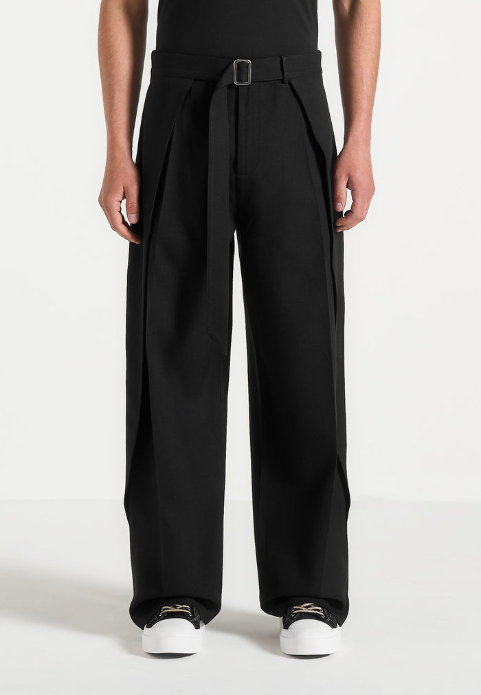 Charles - Wide Fit Wrap Leg Tailored Pants - Black