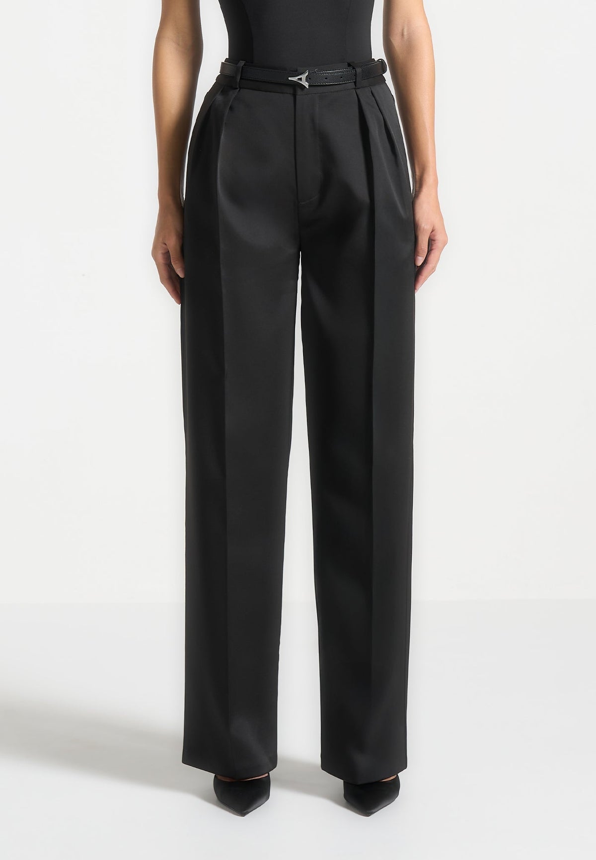 Julie - Sateen Tailored Twin Pleat Pants - Black