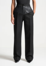 Leather Panel Tailored Trousers - Black