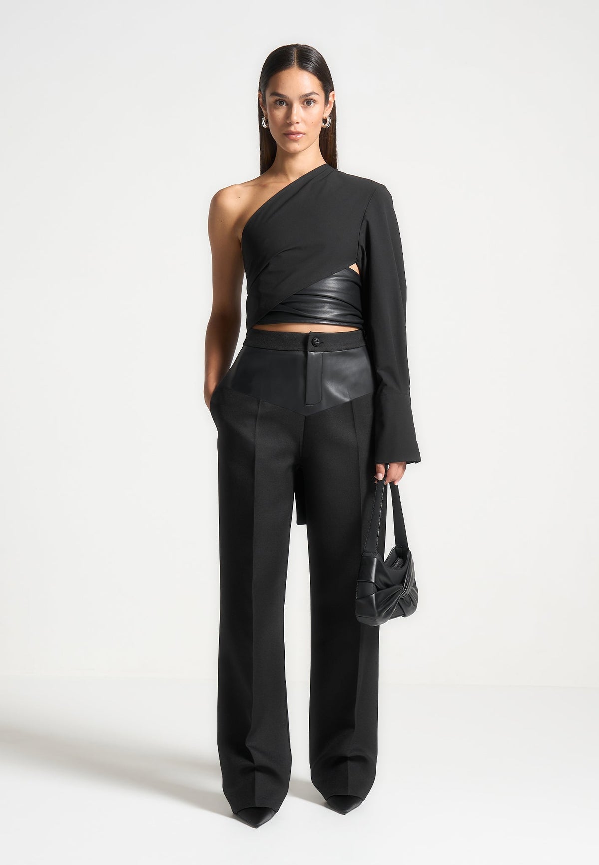 Blanche - Leather Panel Tailored Pants - Black