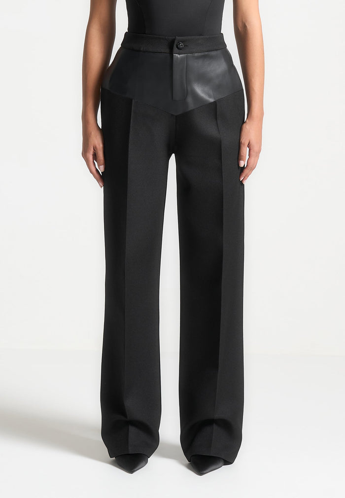 Blanche - Leather Panel Tailored Trousers - Black