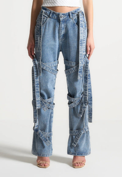 Talia - Denim Strap Cargo Jeans - Mid Blue