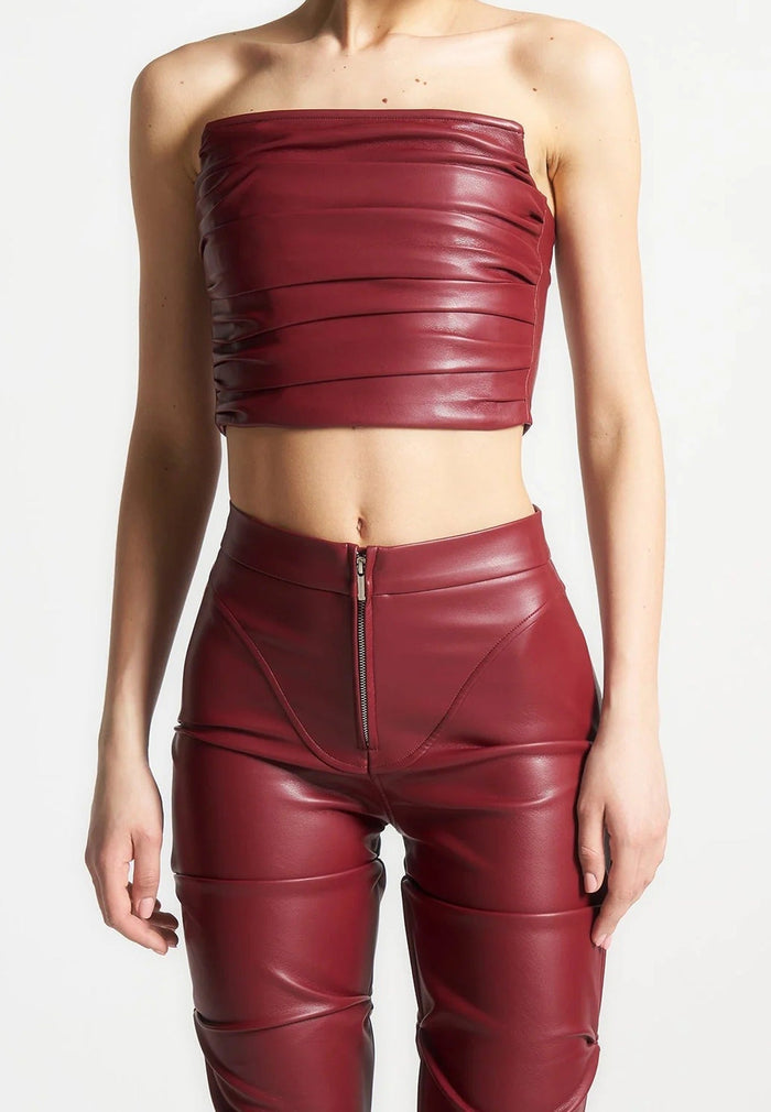 Pleated Bandeau Leather Corset Top - Wine Red