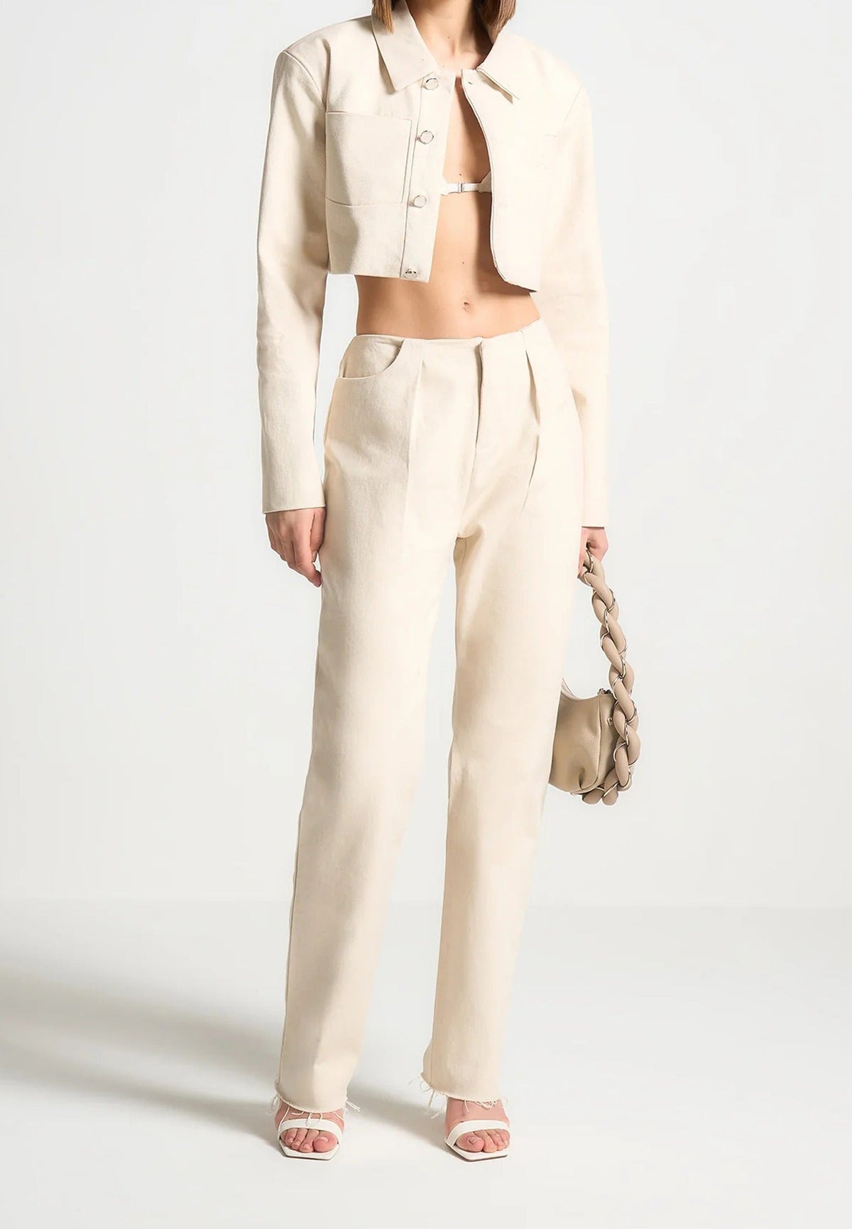 Pleated Mid Rise Straight Leg Jeans - Cream