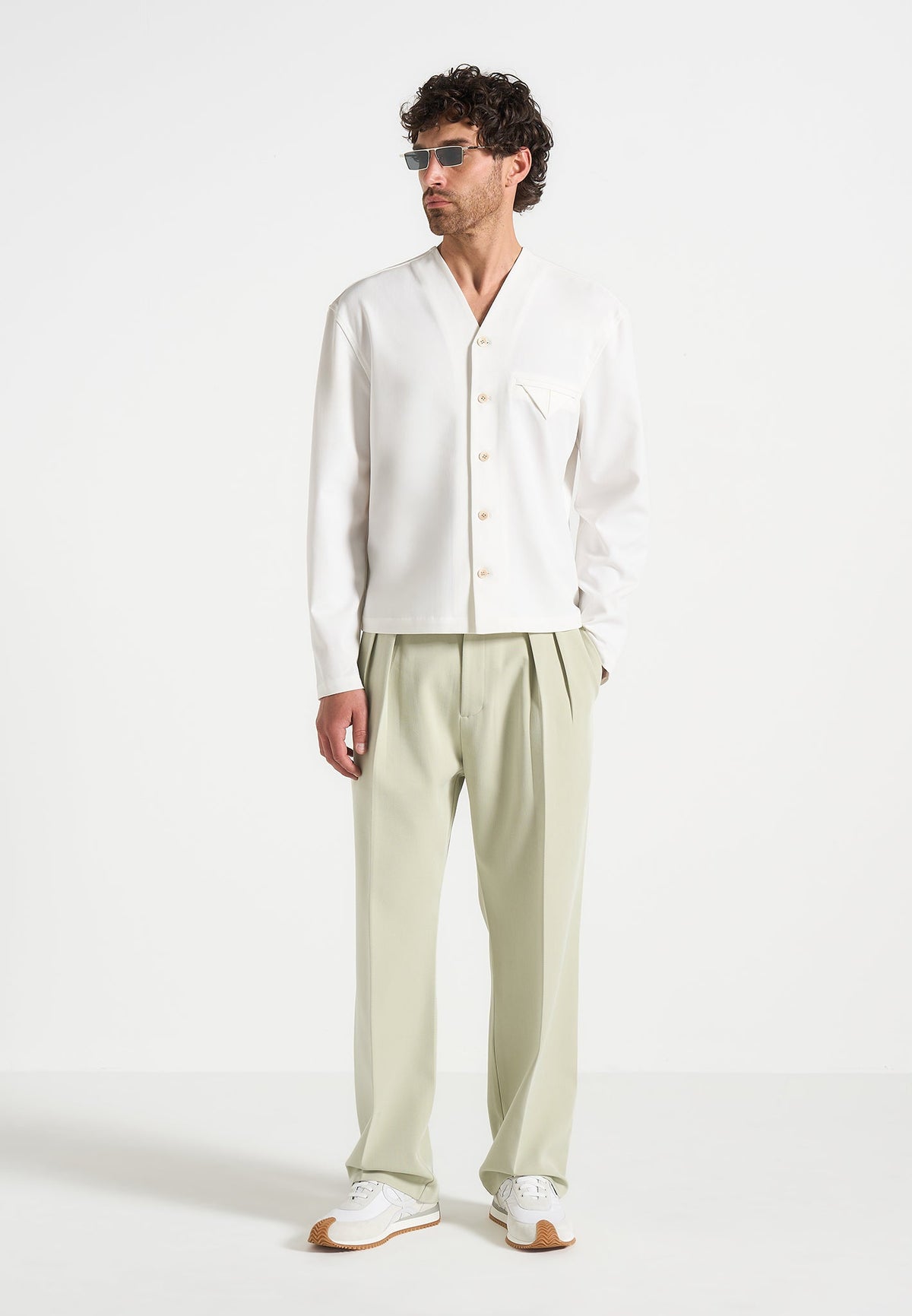 P⁠ierre - Relaxed Fit Hatched Pleated Tailored Trousers - Sage