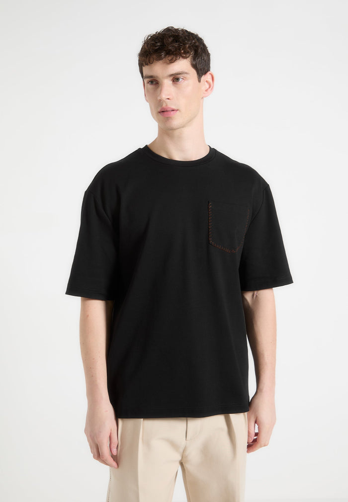 Whipstitch Pocket Cotton T-Shirt - Black
