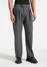 Pierre - Relaxed Fit Hatched Pleated Tailored Trousers - Dark Grey
