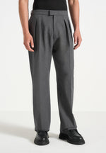 Pierre - Relaxed Fit Hatched Pleated Tailored Trousers - Dark Grey