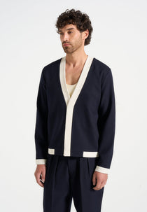 Clovis - Tailored Cardigan With Contrast Placket - Dark Navy/White