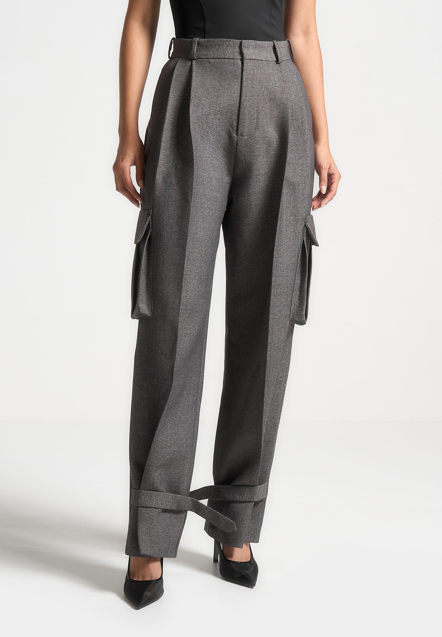 Danielle - Textured Tailored Pleated Cargo Trousers - Grey Marl 