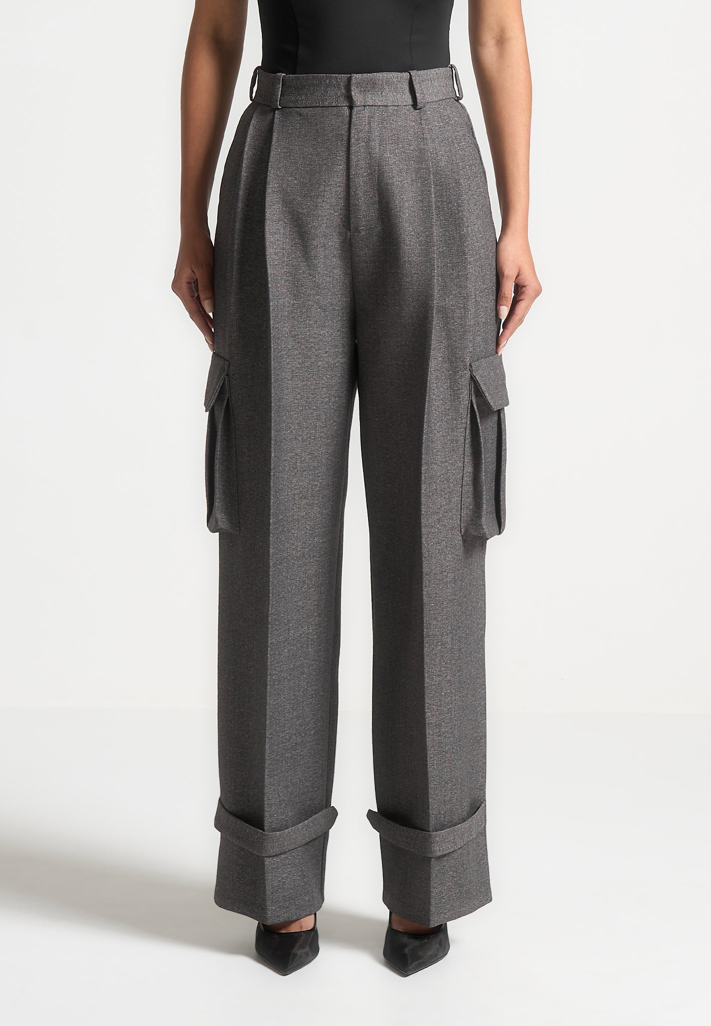 Danielle - Textured Tailored Pleated Cargo Trousers - Grey Marl