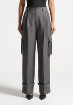 Danielle - Textured Tailored Pleated Cargo Trousers - Grey Marl
