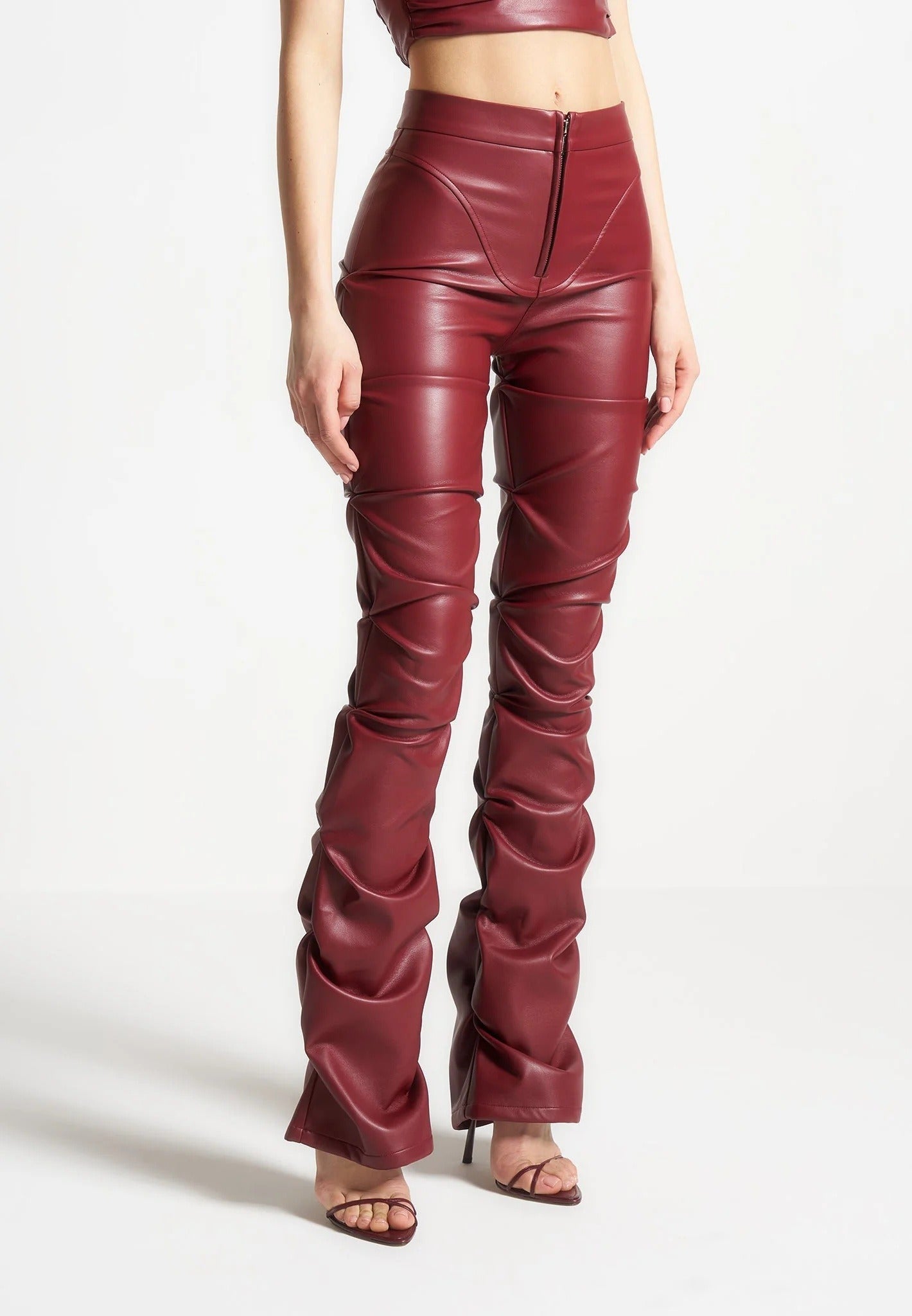 Caroline - Tacked Leather Flared Pants - Wine Red
