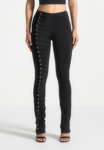 Eyelet Detail Tacked Leggings - Black