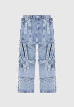Talia - Denim Strap Cargo Jeans - Mid Blue