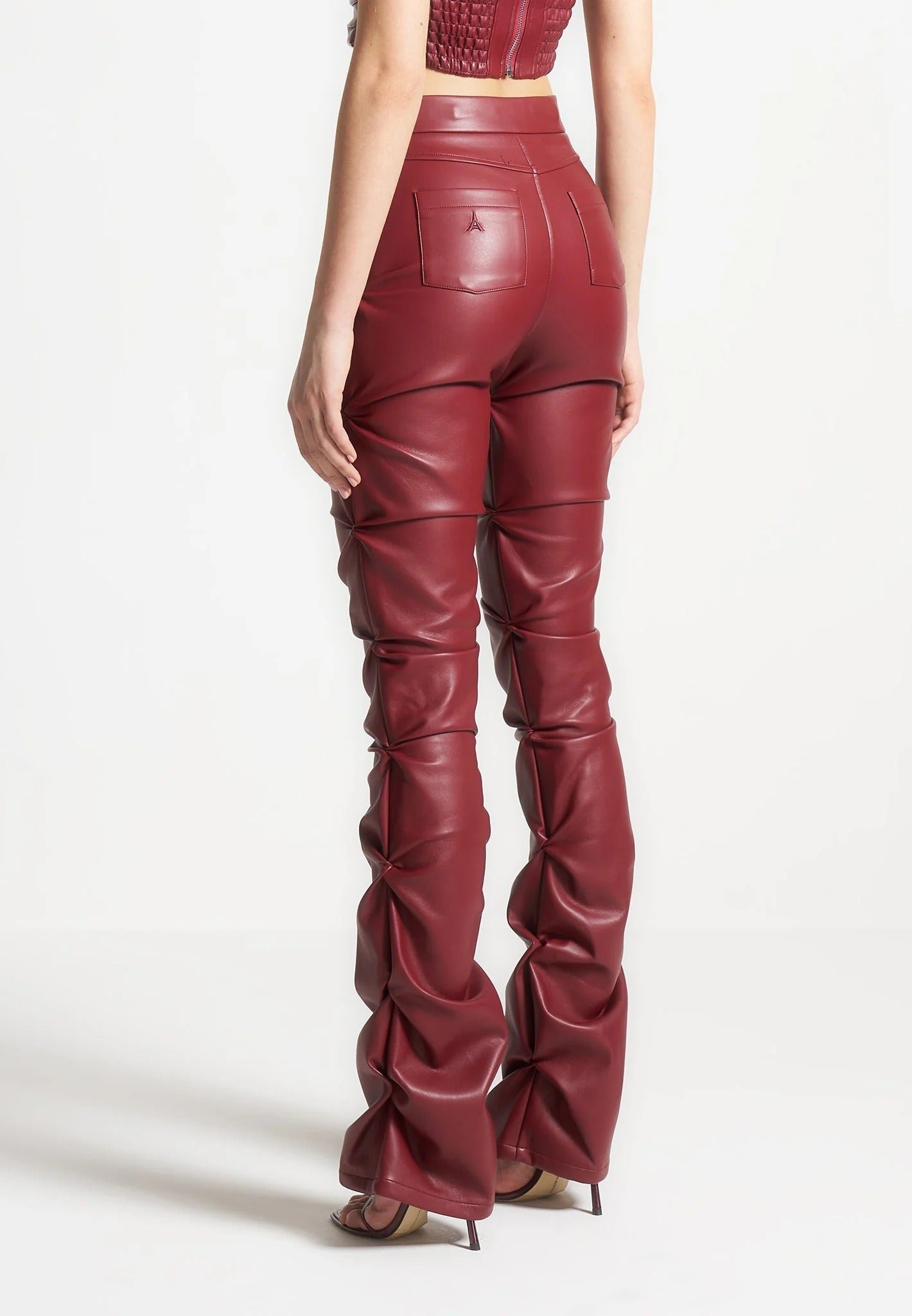 Caroline - Tacked Leather Flared Pants - Wine Red