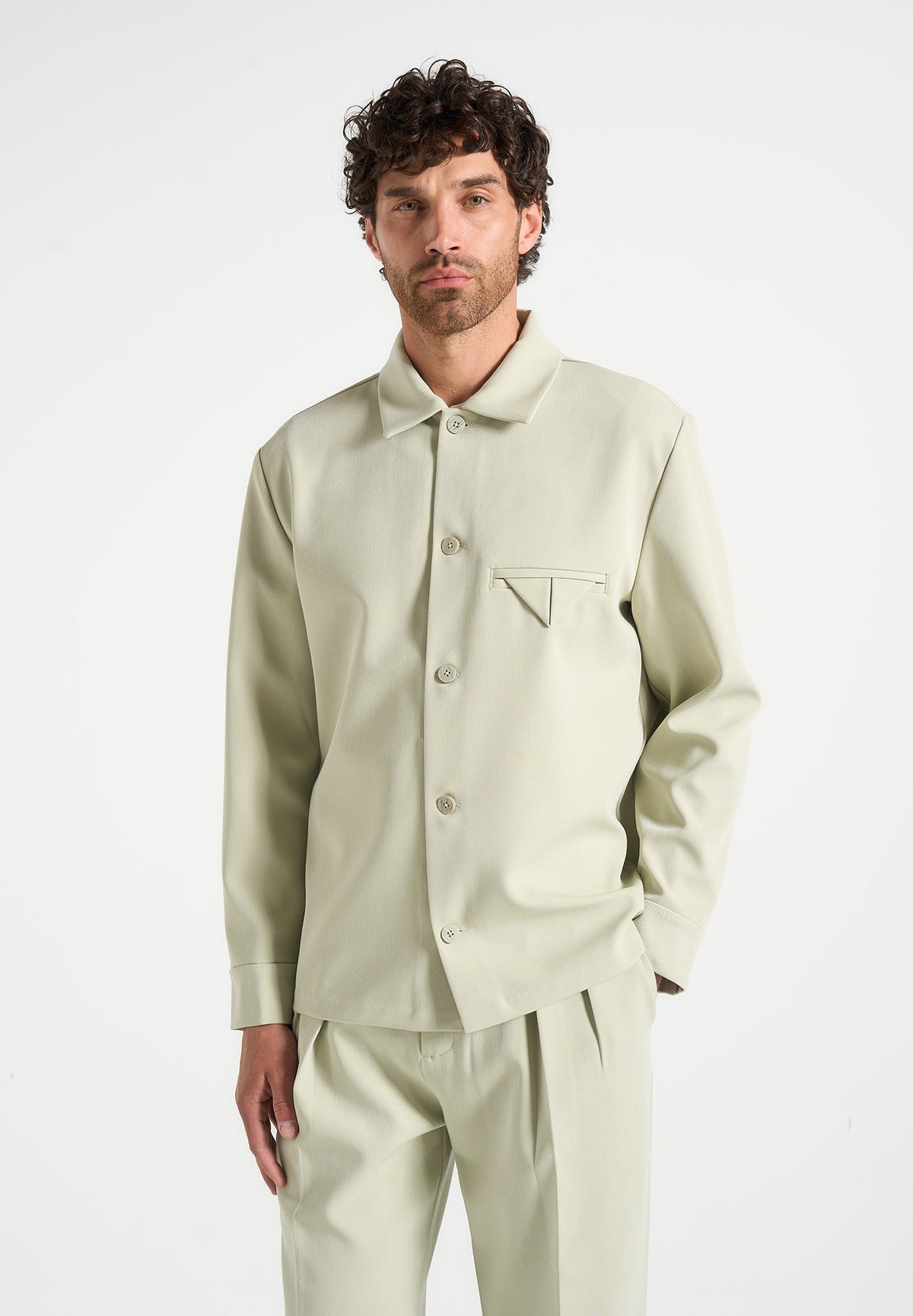 L⁠eo - Hatched Tailored Overshirt - Sage
