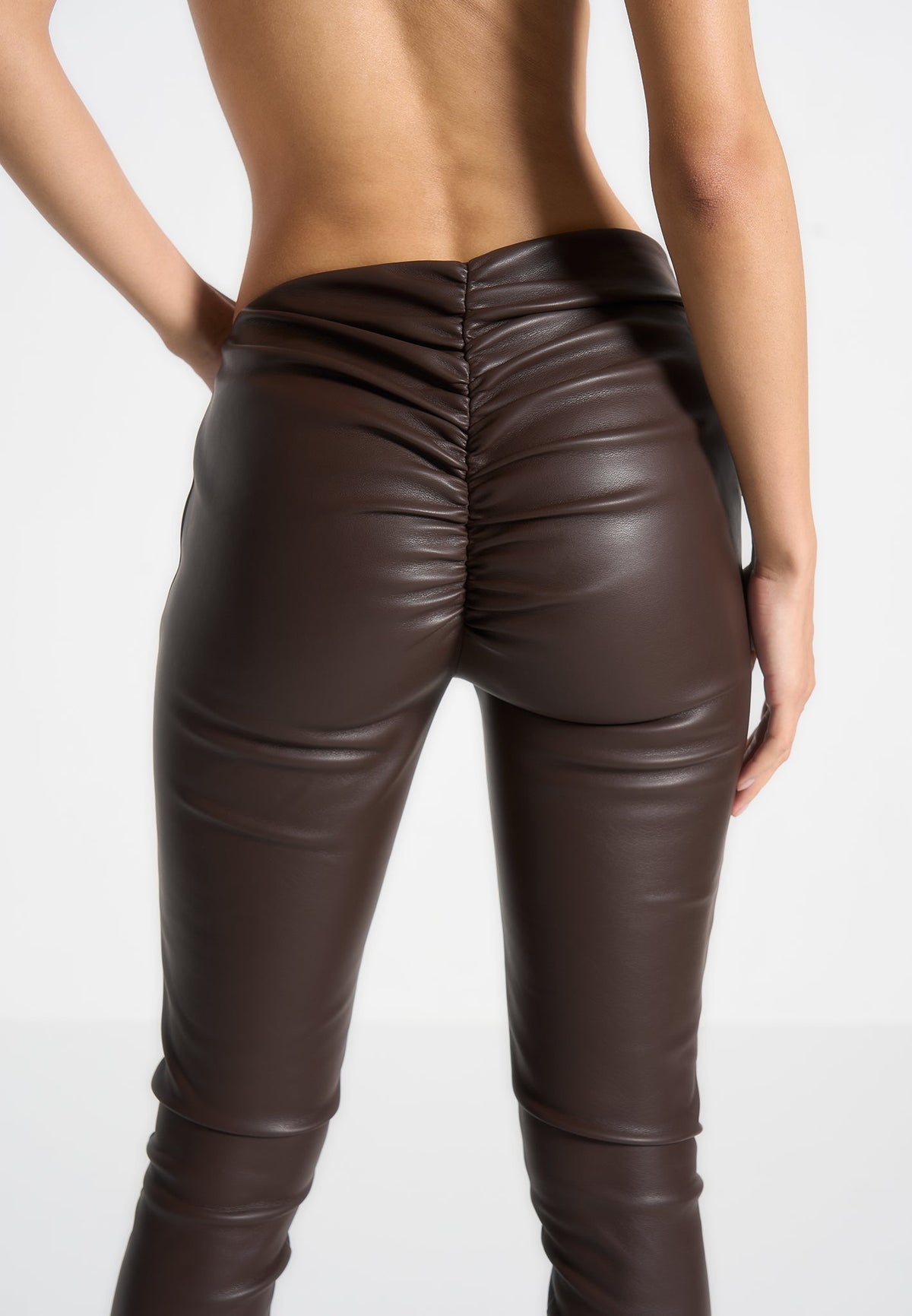 Clara - Leather Angled Waistband Leggings - Brown
