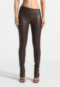 Clara - Leather Angled Waistband Leggings - Brown