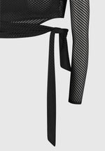 Ribbed Sheer Top with Tie - Black