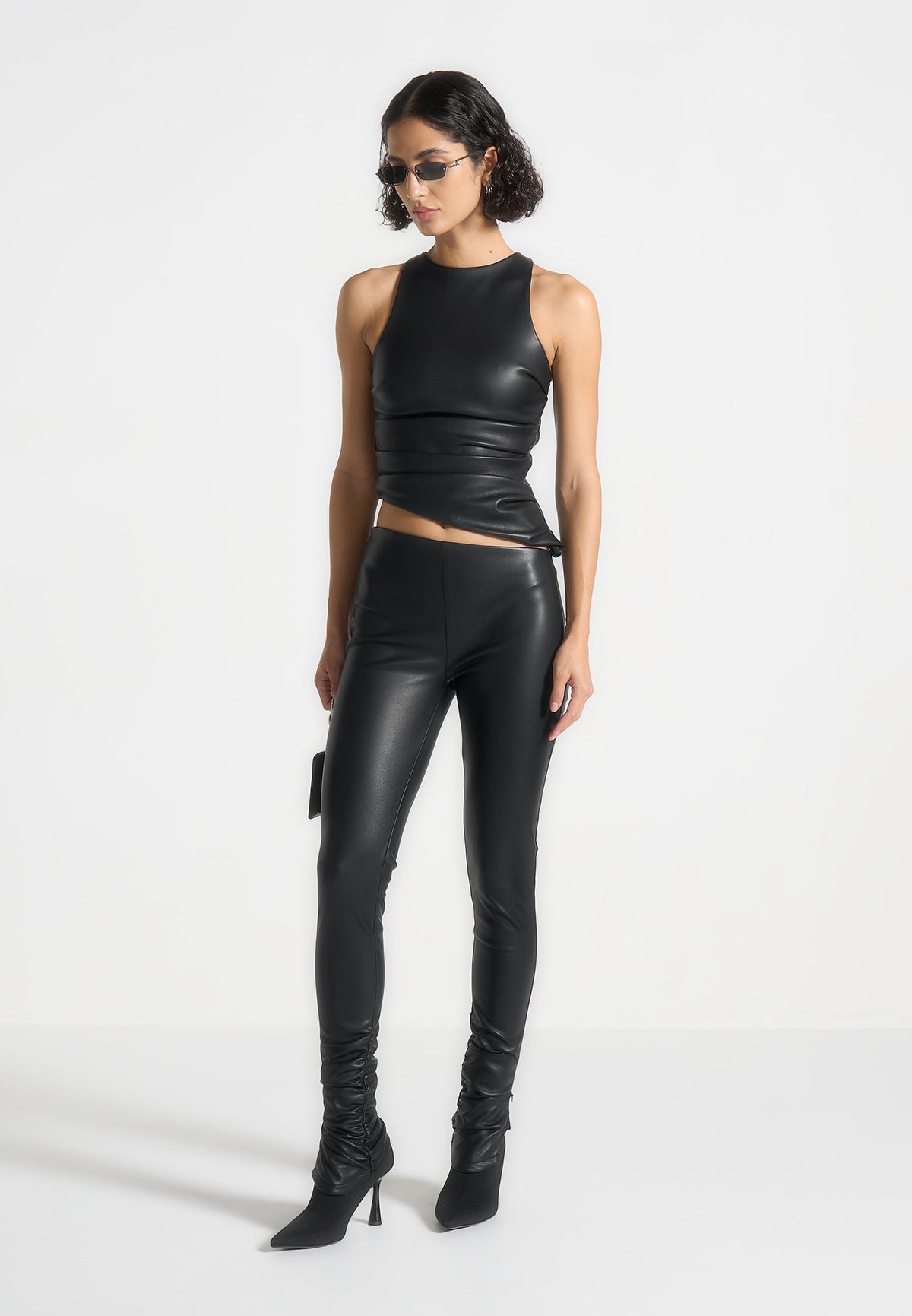 Clara - Leather Angled Waistband Leggings - Black