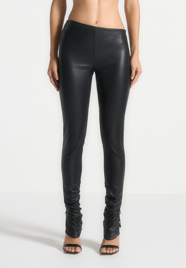 Clara - Leather Angled Waistband Leggings - Black