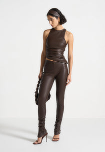 Yolande - Leather Asymmetric Tacked Racer Top - Brown