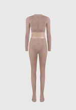 Chantal - Pointelle Knit Long Sleeve Jumpsuit with Belt - Taupe