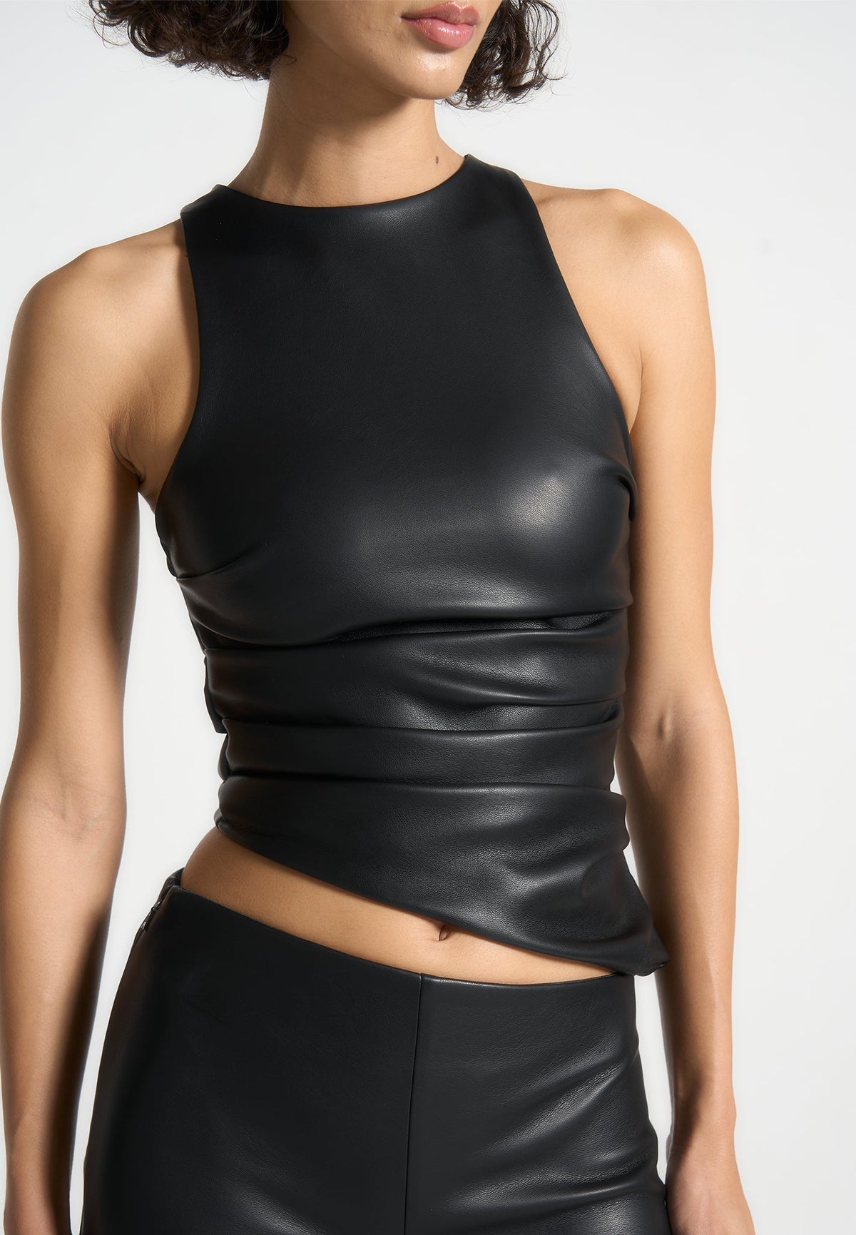 Yolande - Leather Asymmetric Tacked Racer Top - Black