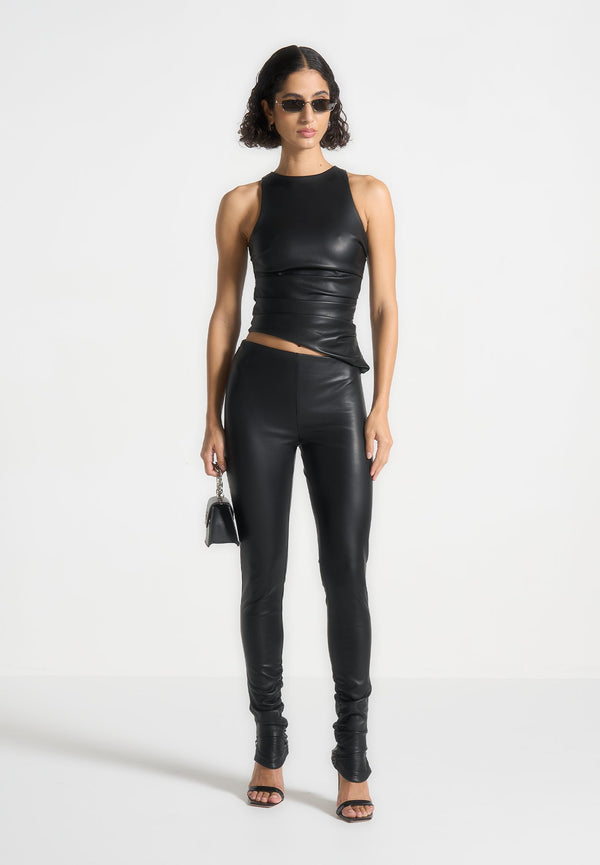 Yolande - Leather Asymmetric Tacked Racer Top - Black