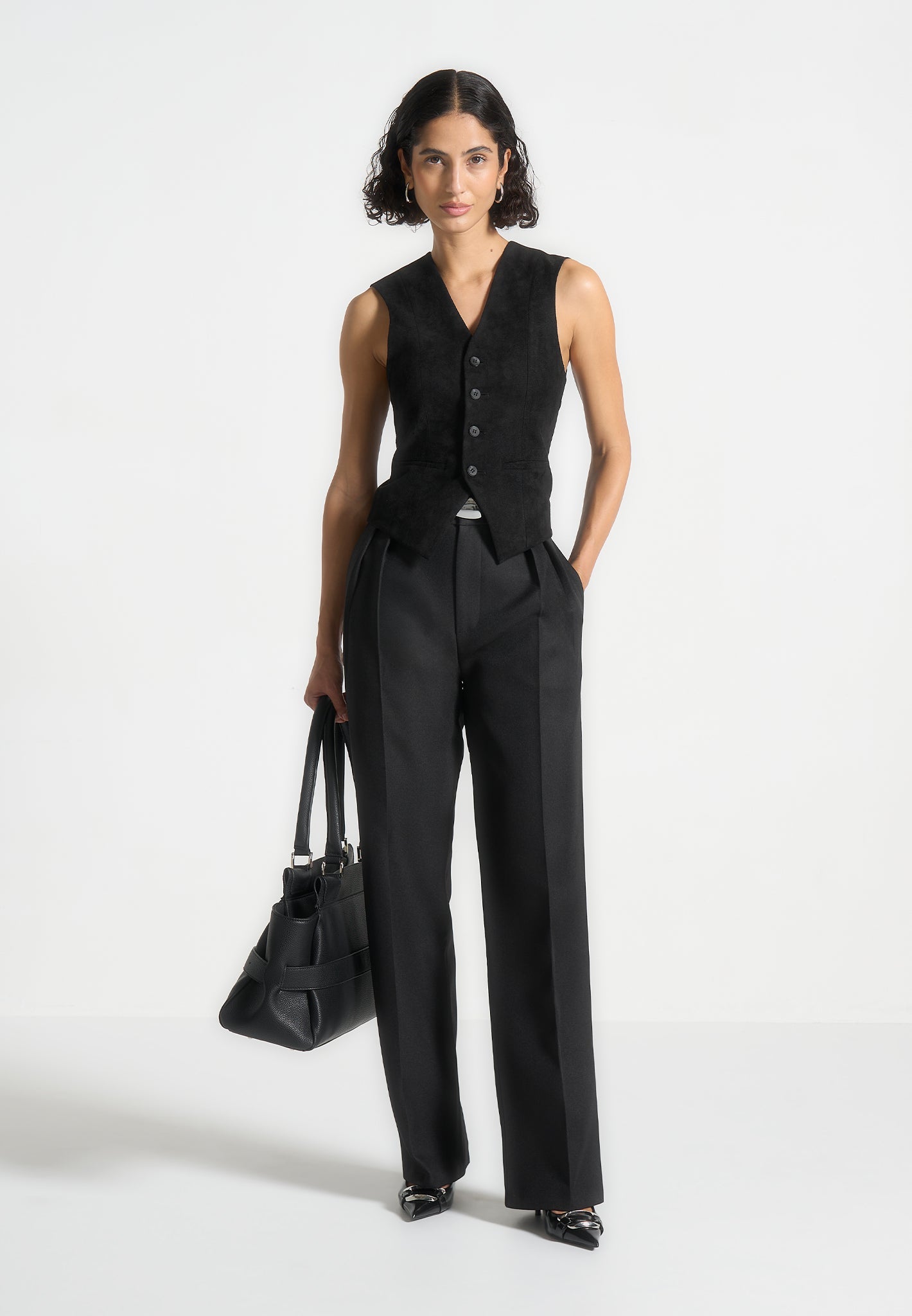 Christine - Suede Cinch Suit Vest - Black