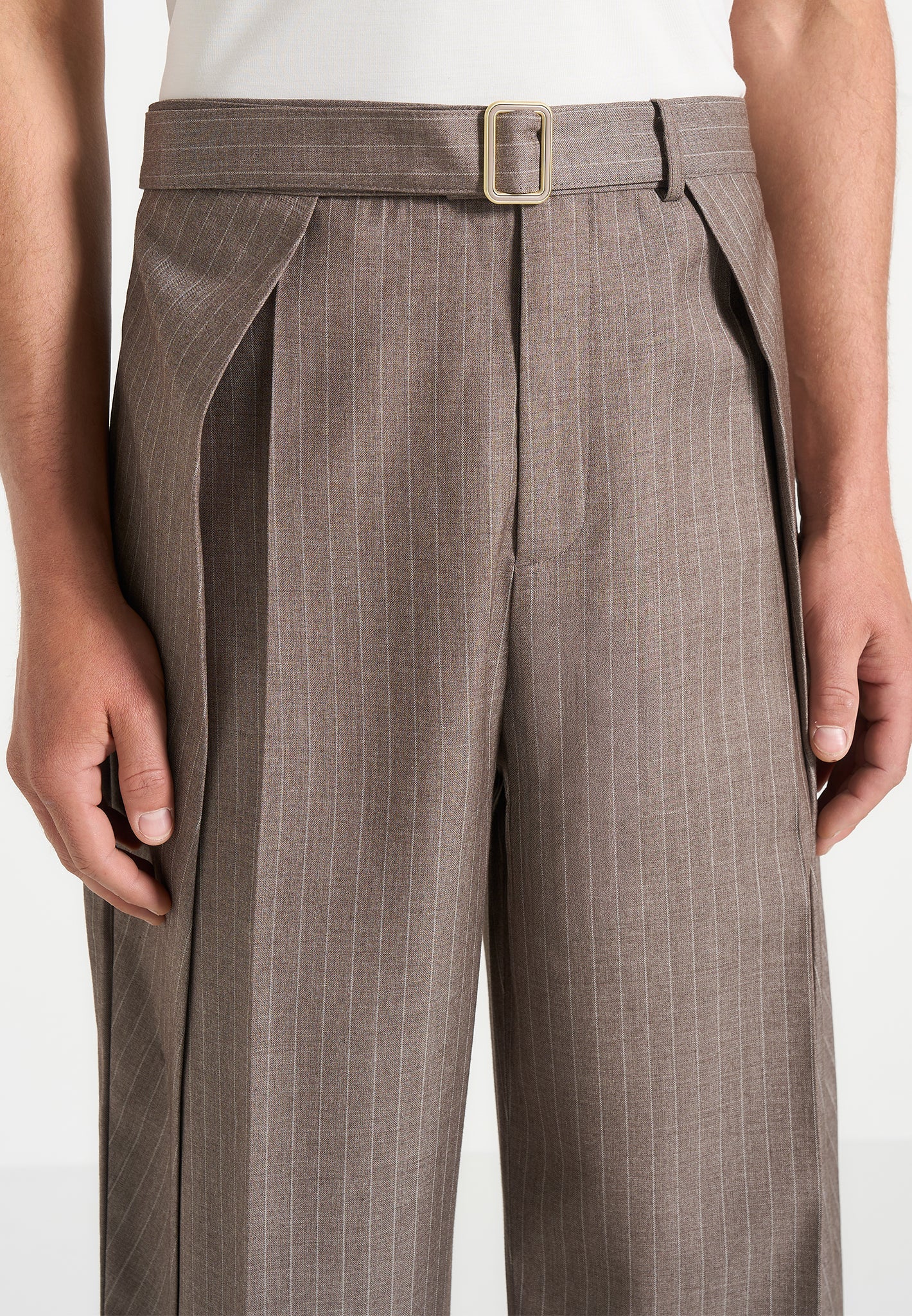 Charles - Wide Fit Wrap Leg Pinstripe Tailored Pants - Taupe