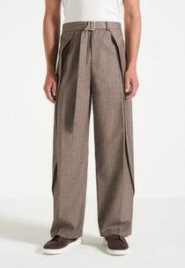 Charles - Wide Fit Wrap Leg Pinstripe Tailored Pants - Taupe
