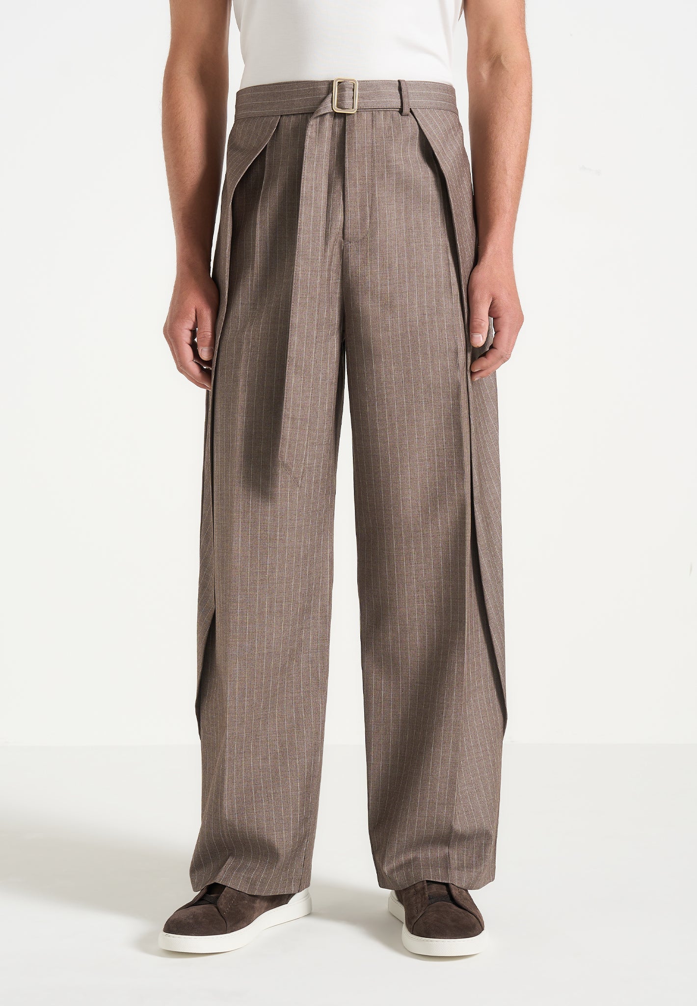 Charles - Wide Fit Wrap Leg Pinstripe Tailored Pants - Taupe 