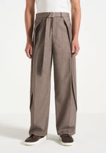 Charles - Wide Fit Wrap Leg Pinstripe Tailored Pants - Taupe