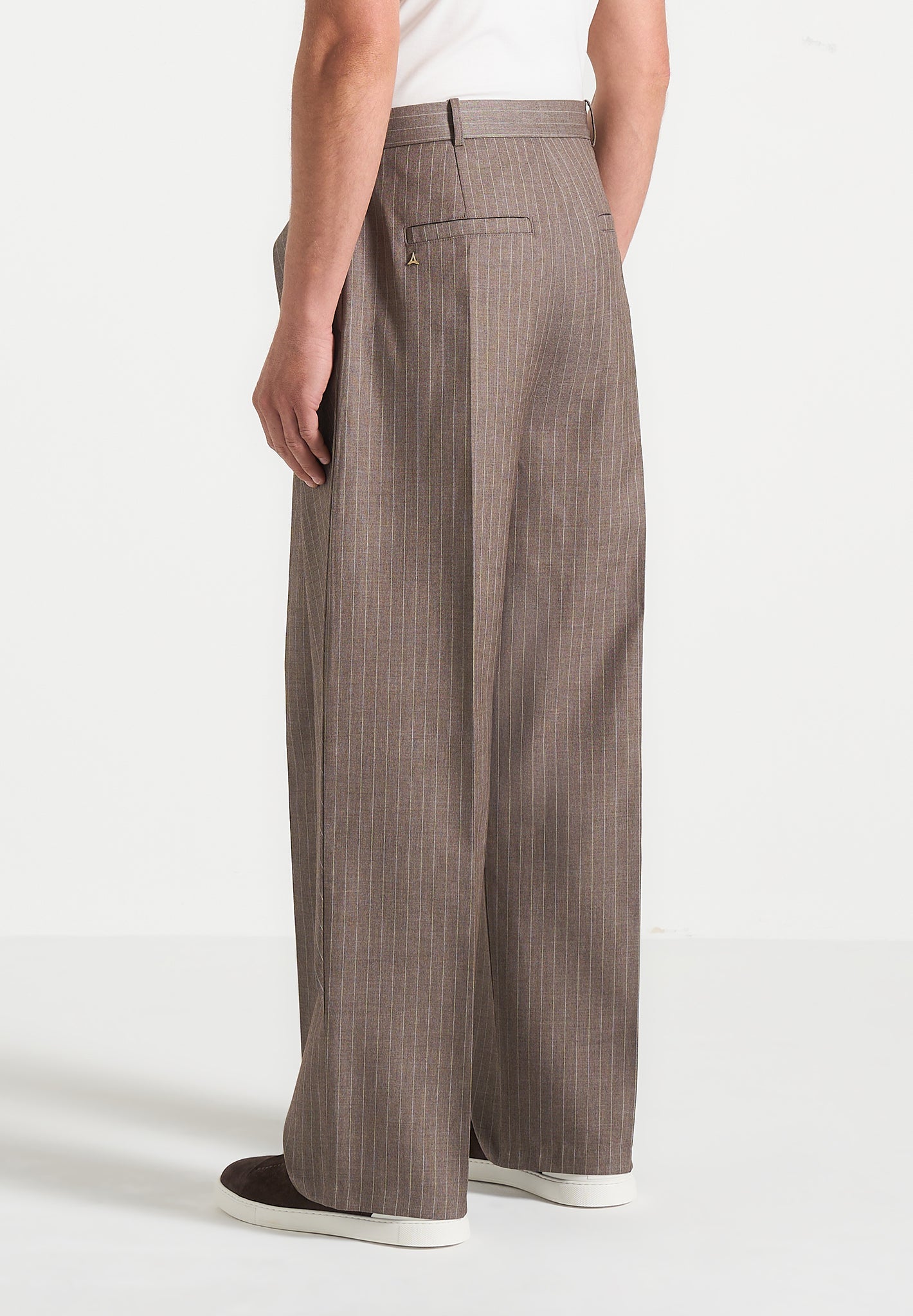 Charles - Wide Fit Wrap Leg Pinstripe Tailored Pants - Taupe