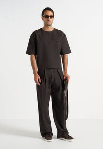 Leon - Boxy Cropped Hatched T-Shirt - Dark Brown