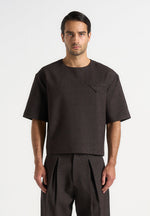 Leon - Boxy Cropped Hatched T-Shirt - Dark Brown