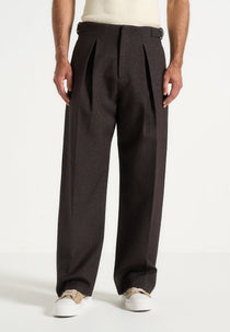 Lior - Box Pleat Hatched Wide Leg Pants - Dark Brown