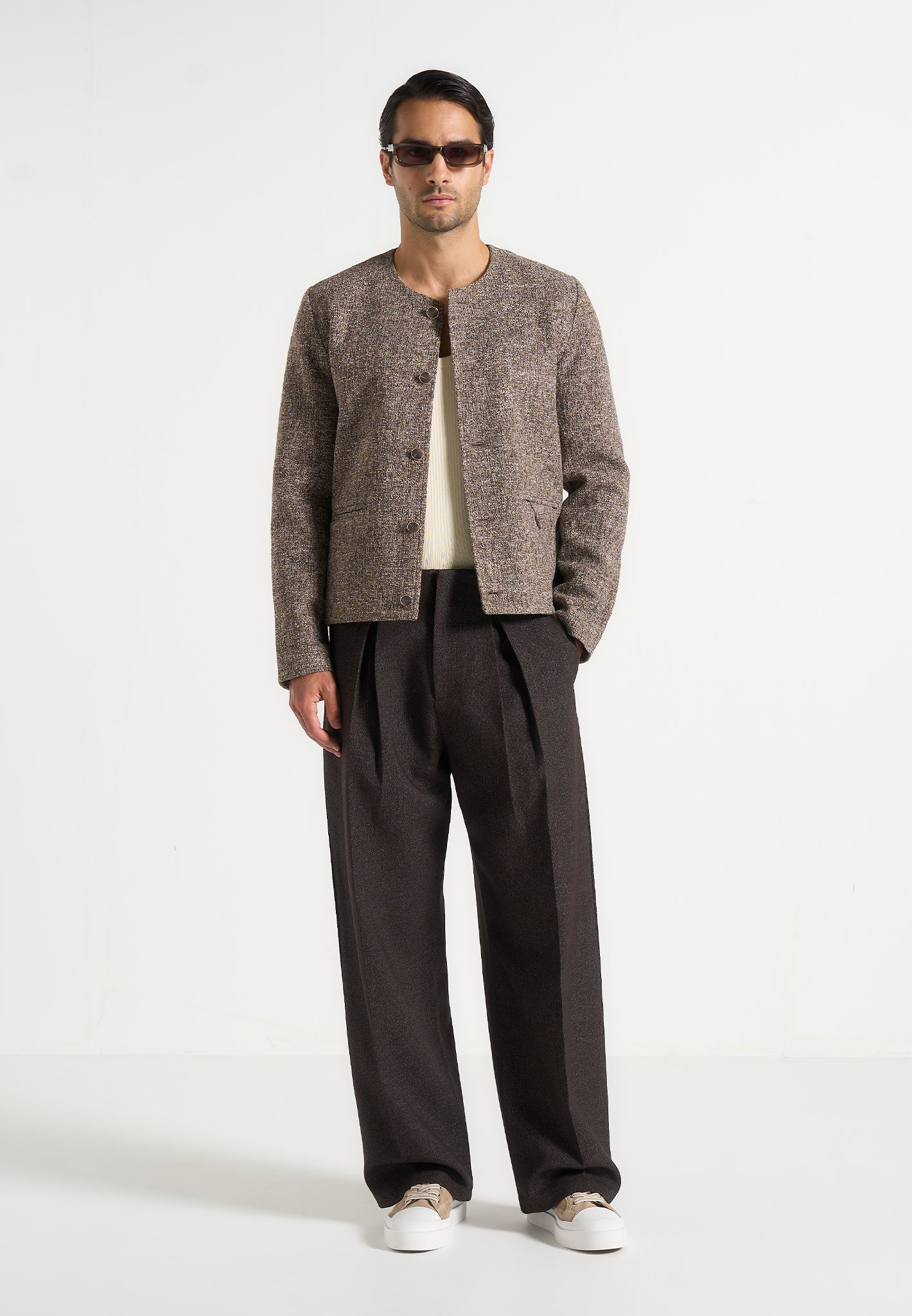 Lior - Box Pleat Hatched Wide Leg Pants - Dark Brown