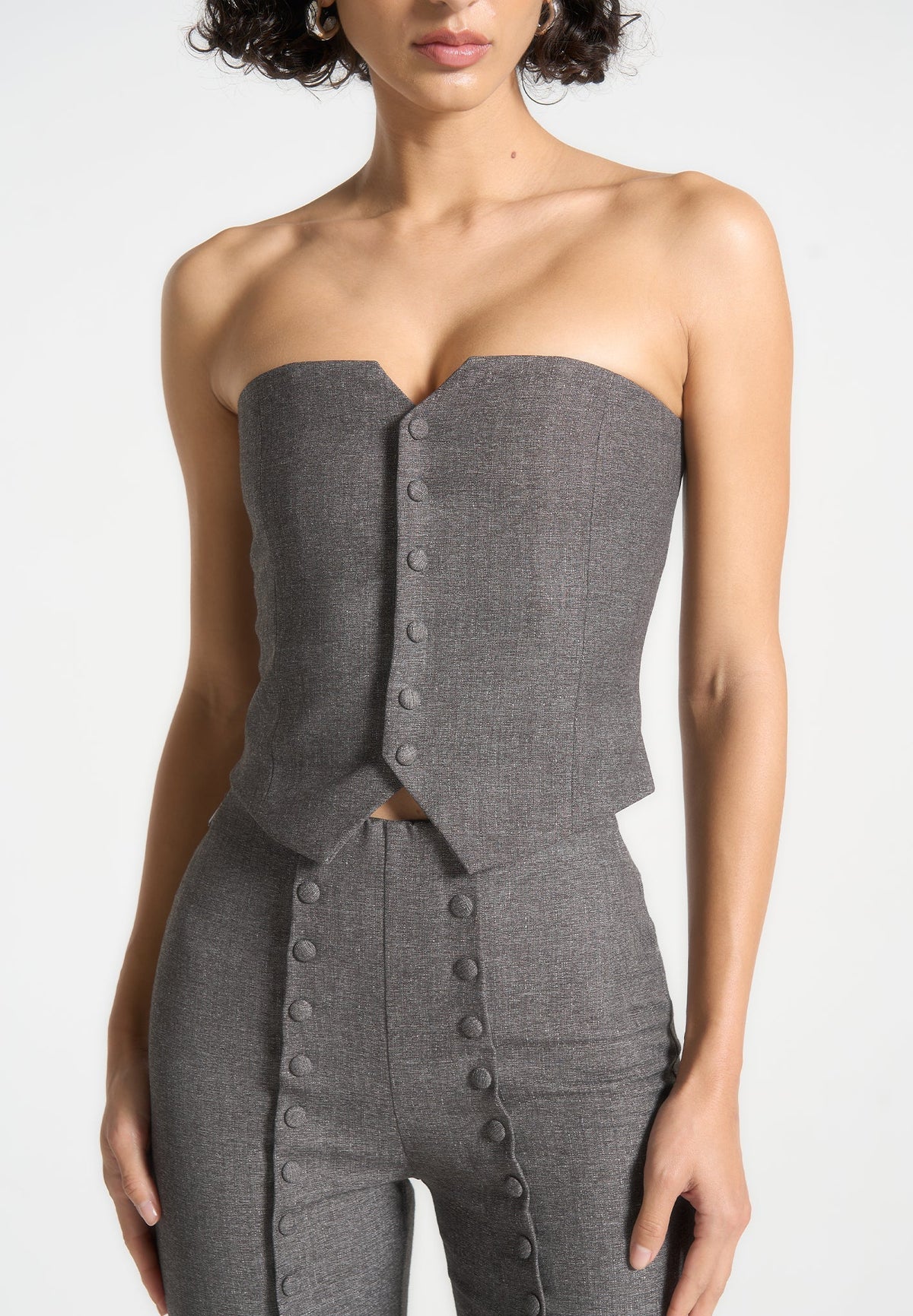 Lise - Cropped Tailored Blazer & Button Detail Bandeau - Dark Grey