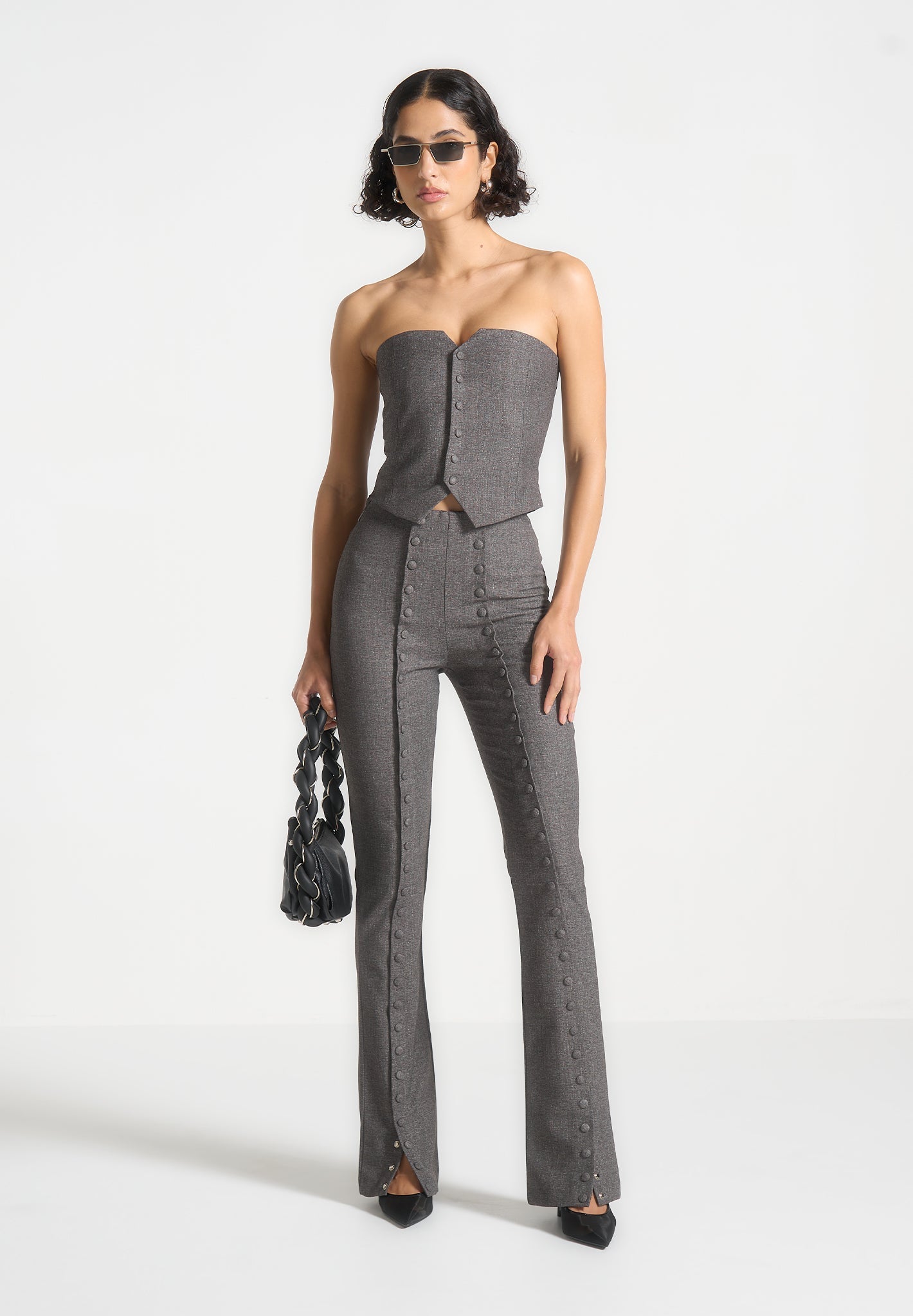 Lise - Cropped Tailored Blazer & Button Detail Bandeau - Dark Grey