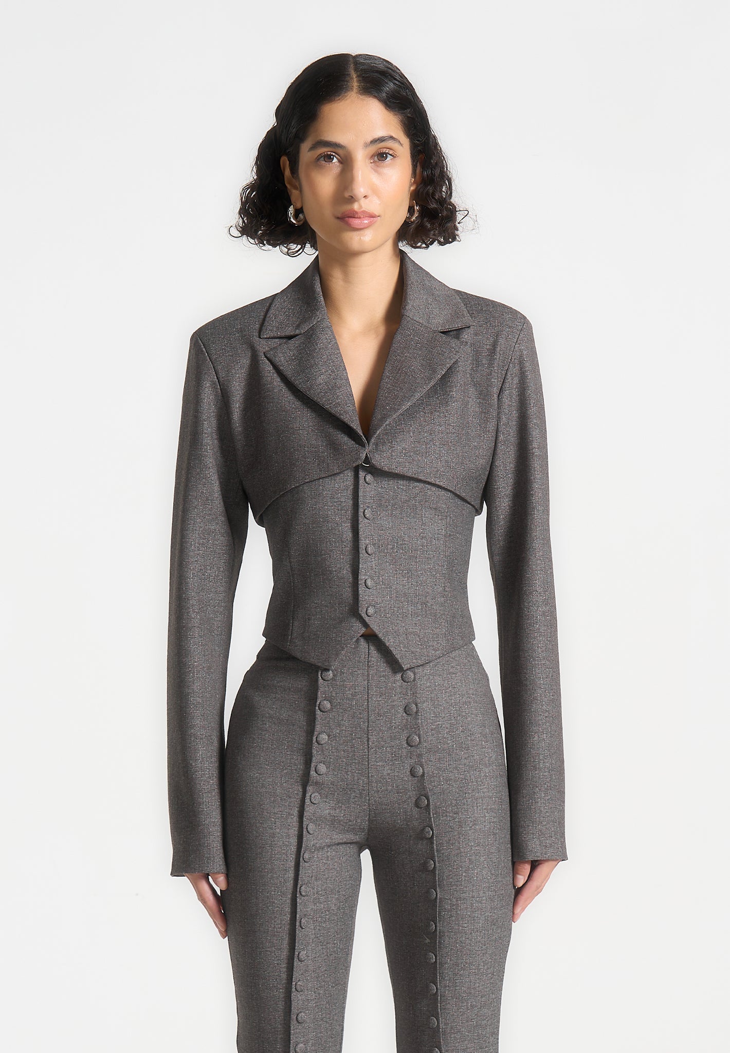 Lise - Cropped Tailored Blazer & Button Detail Bandeau - Dark Grey