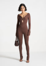 twisted-bust-off-shoulder-jumpsuit-brown